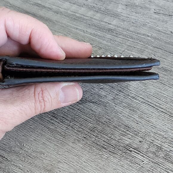 Western Dark Brown Leather Bifold Wallet Cowhide Inlay Cross Silver Stud Accent - Picture 13 of 13
